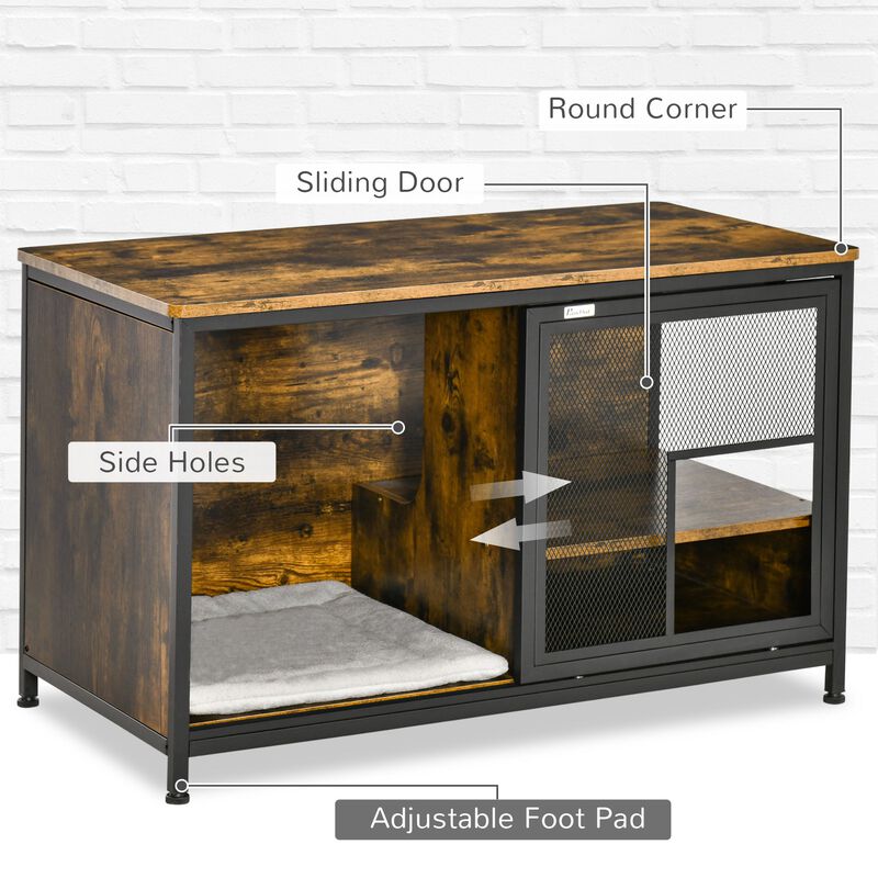 Cat Kennel, Wood & Steel End Table Style with Cushion & Sliding Doors, Pet Kitten Crate, Elevated Indoor Small Animal Cage, Rustic Brown image number 6