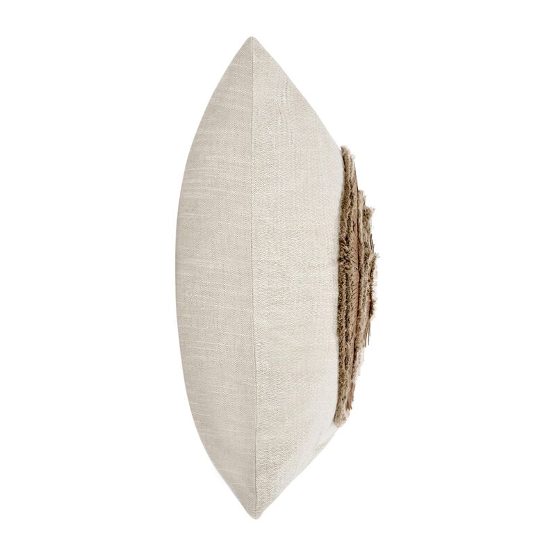Square Accent Throw Pillow, 22 Inch Ivory Cotton, Brown Leather, Jute - Benzara