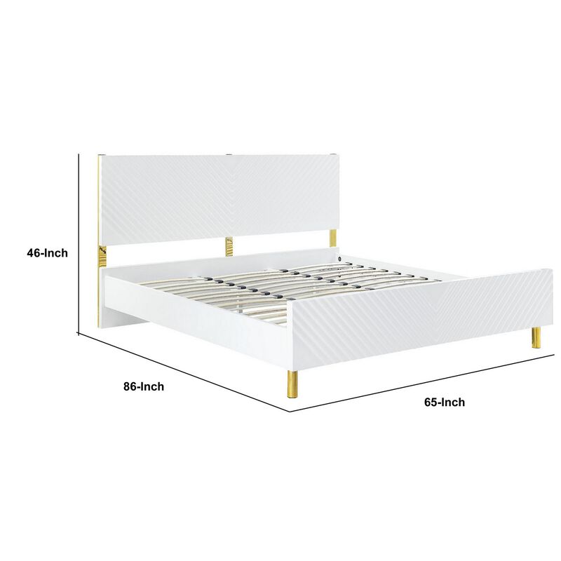 Tyra Modern Queen Bed, Panel Headboard, Luxury Textured Chevron, White Gold-Benzara