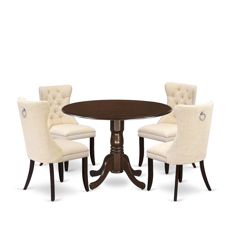 5 Piece Kitchen Table Set Contains a Round Dining Table with Dropleaf