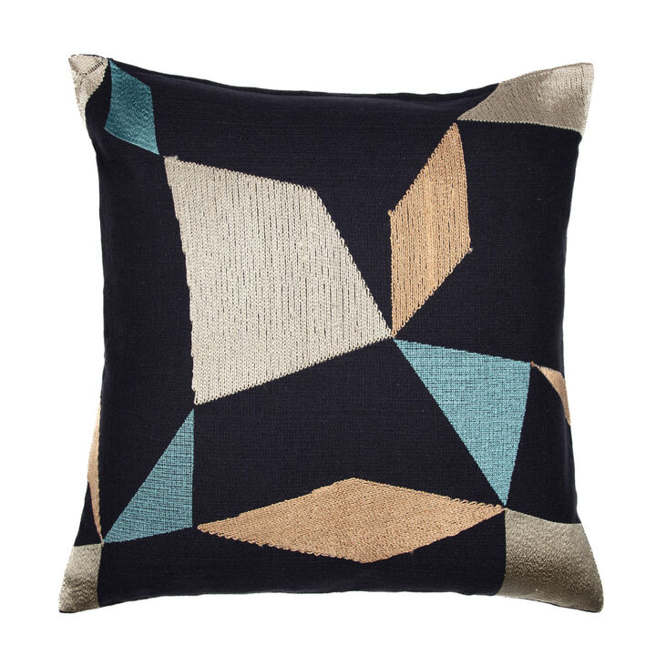 HomeRoots 24" Blue and Beige Geometric Cotton Blend Throw Pillow With Embroidery
