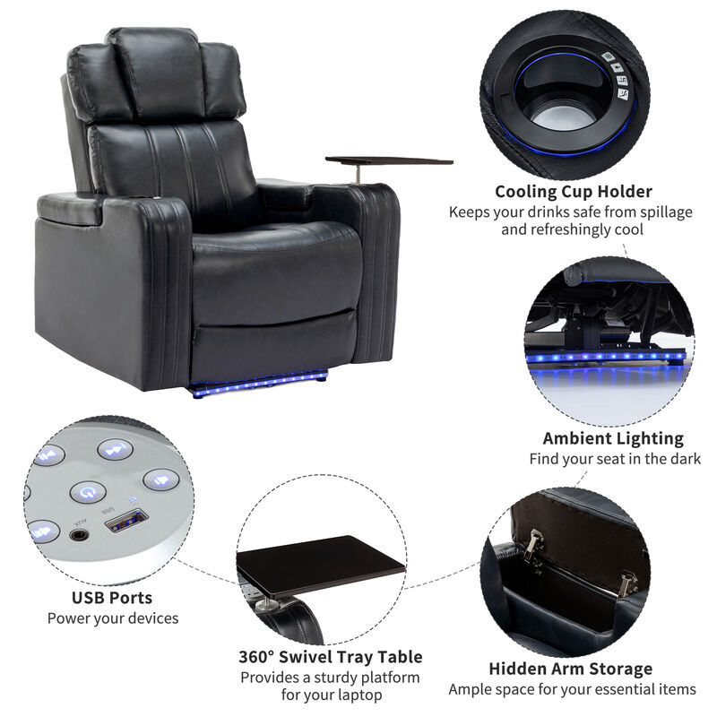 Whisen PU Leather Power Recliner with Cup Holder, Bluetooth Speaker, LED Lights, USB Ports, Tray Table and Arm Storage