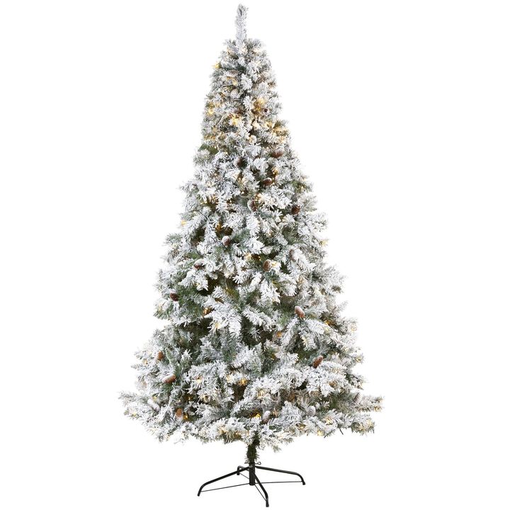 Nearly Natural 8-ft Flocked White River Mountain Pine Artificial Christmas Tree with Pinecones and 500 Clear LED Lights