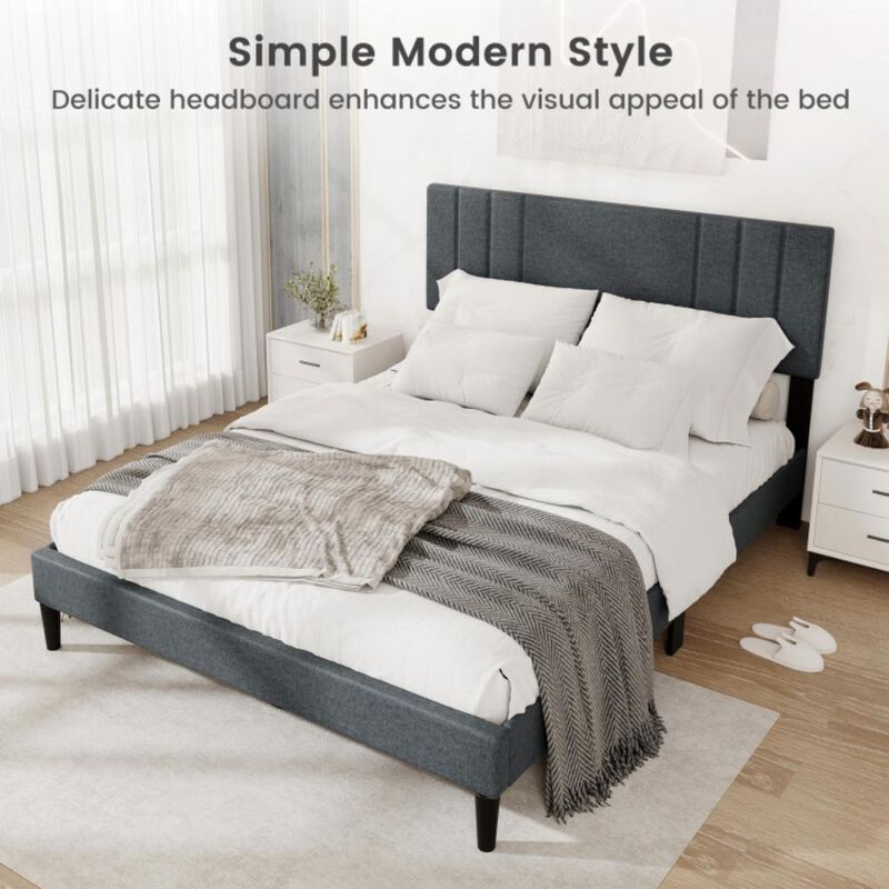 Hivvago Bed Frame with Vertical Channel Tufted Headboard and Wooden Slats-Queen Size