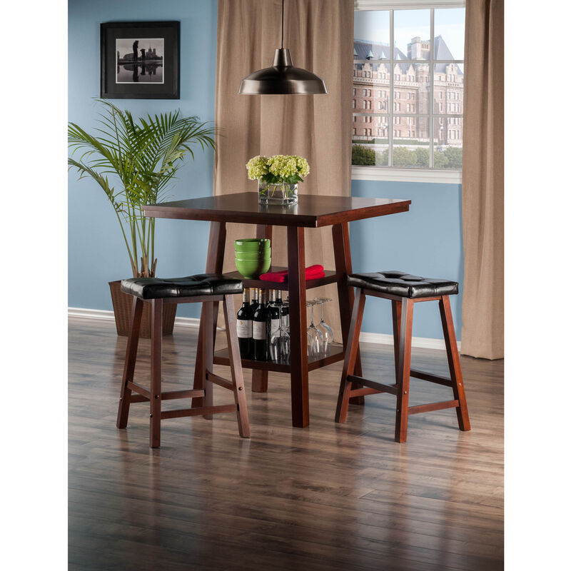 Orlando 3-Pc High Table with Cushion Saddle Seat Counter Stools, Walnut and Black