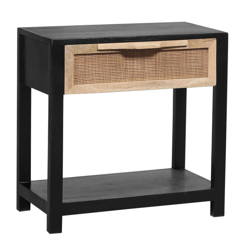 Rosette 22 Inch Side End Table, Natural Brown Rattan Front Drawer, Open Shelf, Black Mango Wood Frame