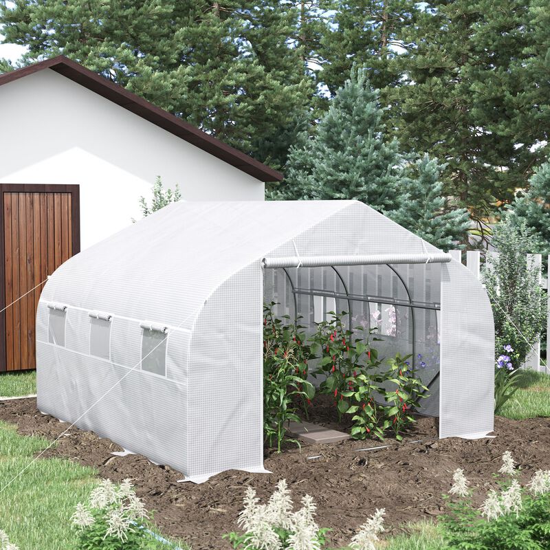 Outsunny 11.5' x 10' x 6.5' Outdoor Walk-in Greenhouse, Tunnel Green House with Roll-up Windows, Zippered Door, PE Cover, Heavy Duty Steel Frame, White