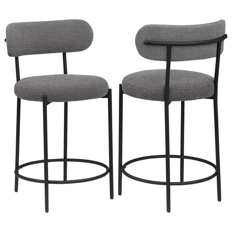 Winona Counter Height Chair Set of 2, Gray Boucle, Black Metal 25 Inch - Benzara