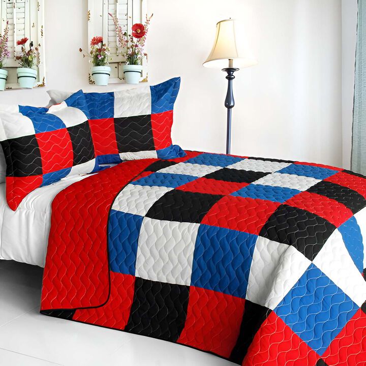 Soft Queen Size Quilt Set with Vermicelli Quilted Patchwork Plaid Design-Red