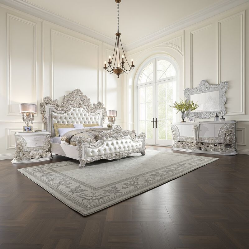 Bo Four Piece Full Bedroom Set, Baroque Style, White Faux Leather Uphosltery - Benzara image number 5