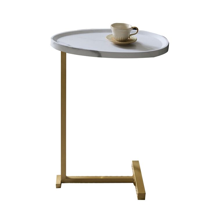 Kings Brand Furniture C-Shaped Side End Table, Wood & Gold Metal Sofa Snack Table for Living Room, Bedroom or Bedside