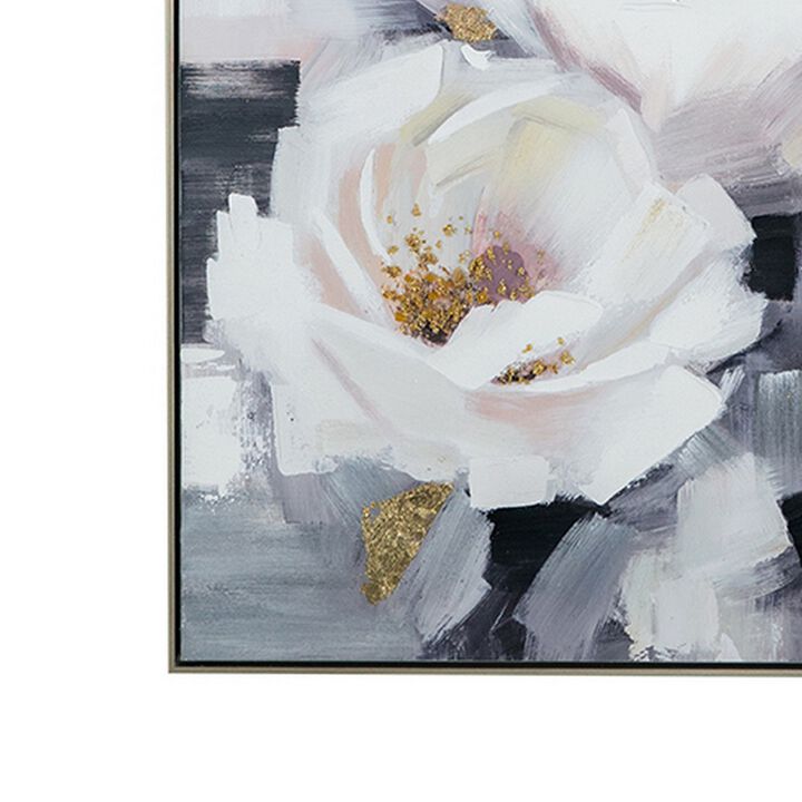 33 x 40 Inch Decorative Wall Art, Oil On Canvas, White, Gold Rose Flowers - Benzara