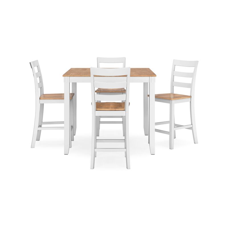 Gasy Counter Height Dining Table Set, 4 Ladderback Chairs, White Brown - Benzara
