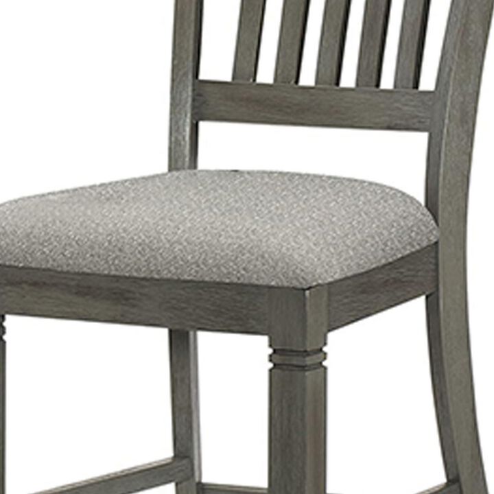 26 Inch Counter Height Chair Set of 2, Slat Back, Gray Wood, Fabric Seat - Benzara