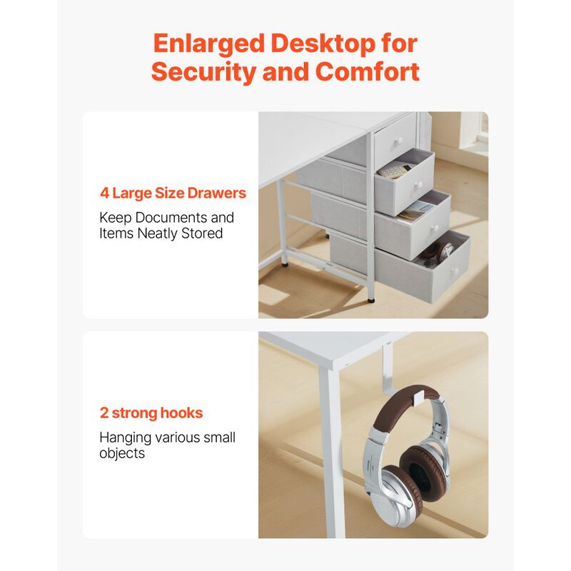 Writing Desk with Fabric Storage Drawers, Reversible Computer Table with Steel Frame-White image number 6