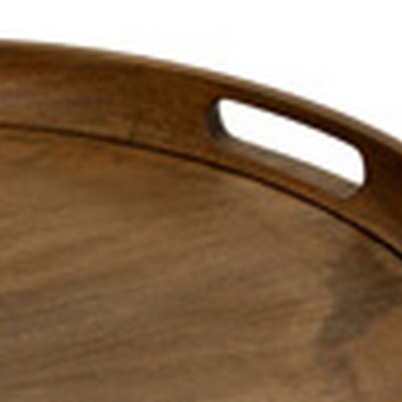 Bera Serving Tray, 24 Inch Round, 2 Handles, Industrial Brown Gray Finish - Benzara