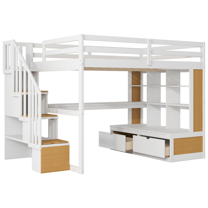 Whisen Full Size Loft Bed with Desk and Shelves, Two Built-in Drawers, Storage Staircase-Natural and White