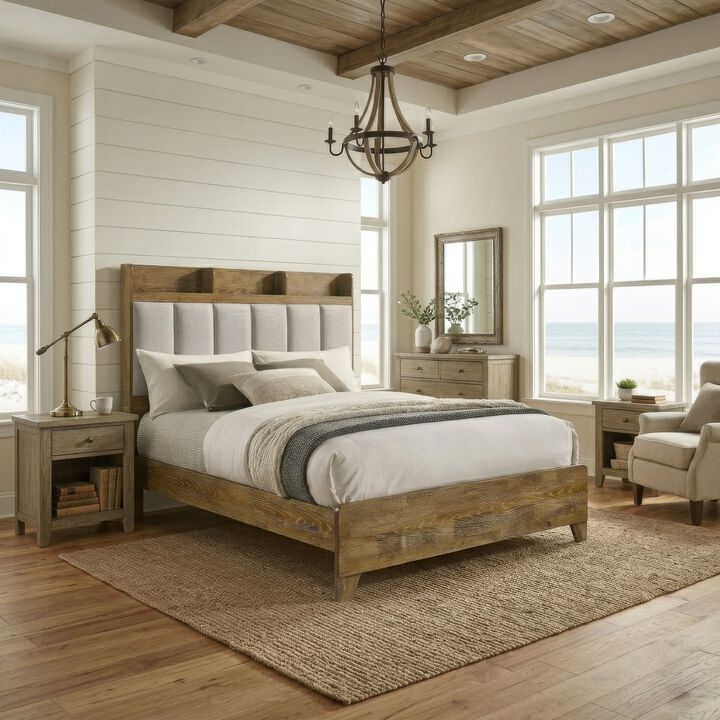 Nolan Panel Bed, Channel-Tufted Fabric, Wood