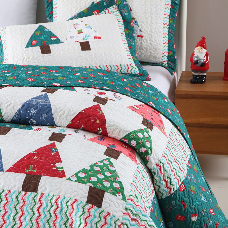 MarCielo 3Pcs Handcrafted Christmas Patchwork Cotton Vintage Style Holiday Bedspread Set PW101