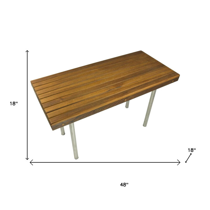 HomeRoots 18" X 48" Brown Teak Wood And Stainless Steel Rectangular Shower Bench image number 2
