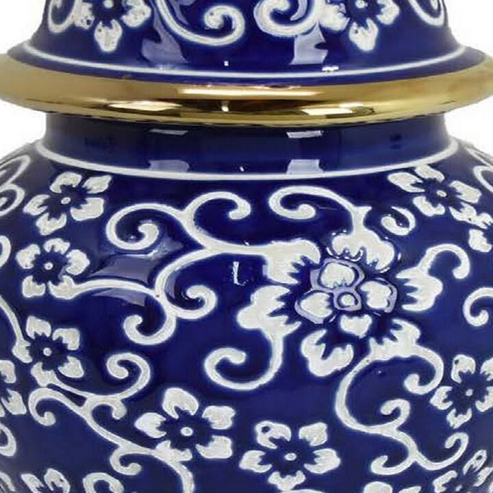 18 Inch Temple Jar, Blue Floral Print with Removable Lid, White, Gold - Benzara