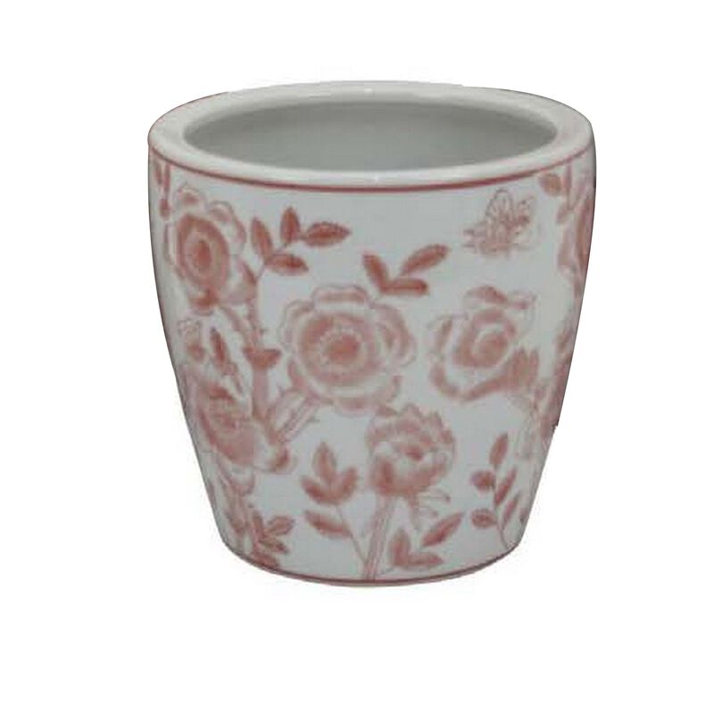 Kerry Accent Planter Pot Set of 4, Pink Floral Pattern, White Ceramic - Benzara
