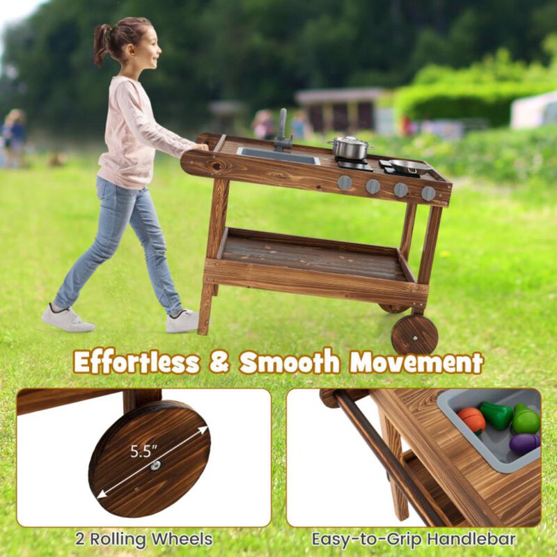 Hivvago Outdoor Movable Mud Kitchen with 2 Rolling Wheels and 1 Push Handle