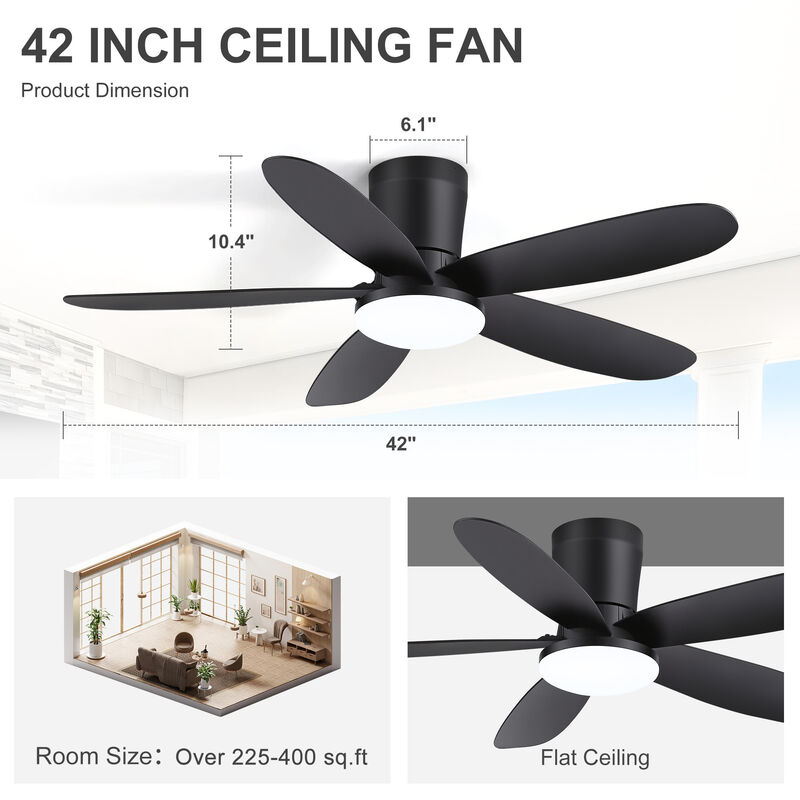 Breezary 42" Flush Mount LED Ceiling Fan with Light, 5 Blade , 6 Speed , Reversible, Quiet Low Profile Fan image number 5