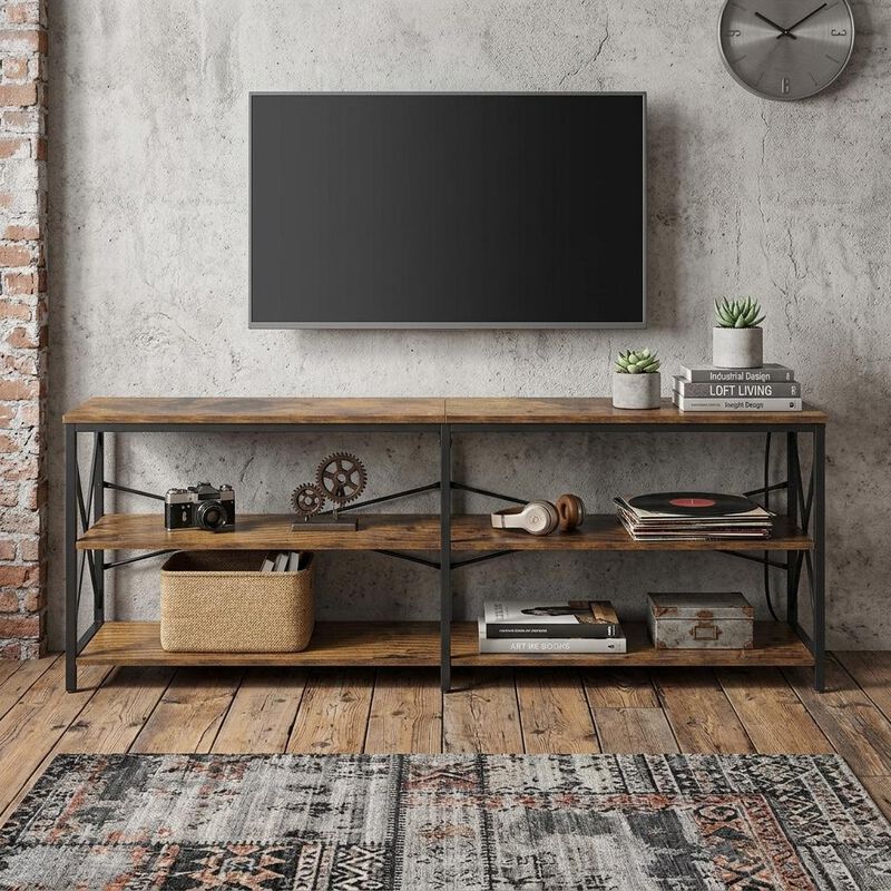 HomeRoots 63" Brown And Black Wood Open Shelving TV Stand image number 1
