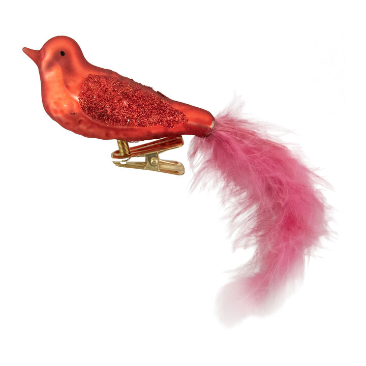 5.5" Red Bird with Pink Feather Tail Glass Clip On Christmas Ornament