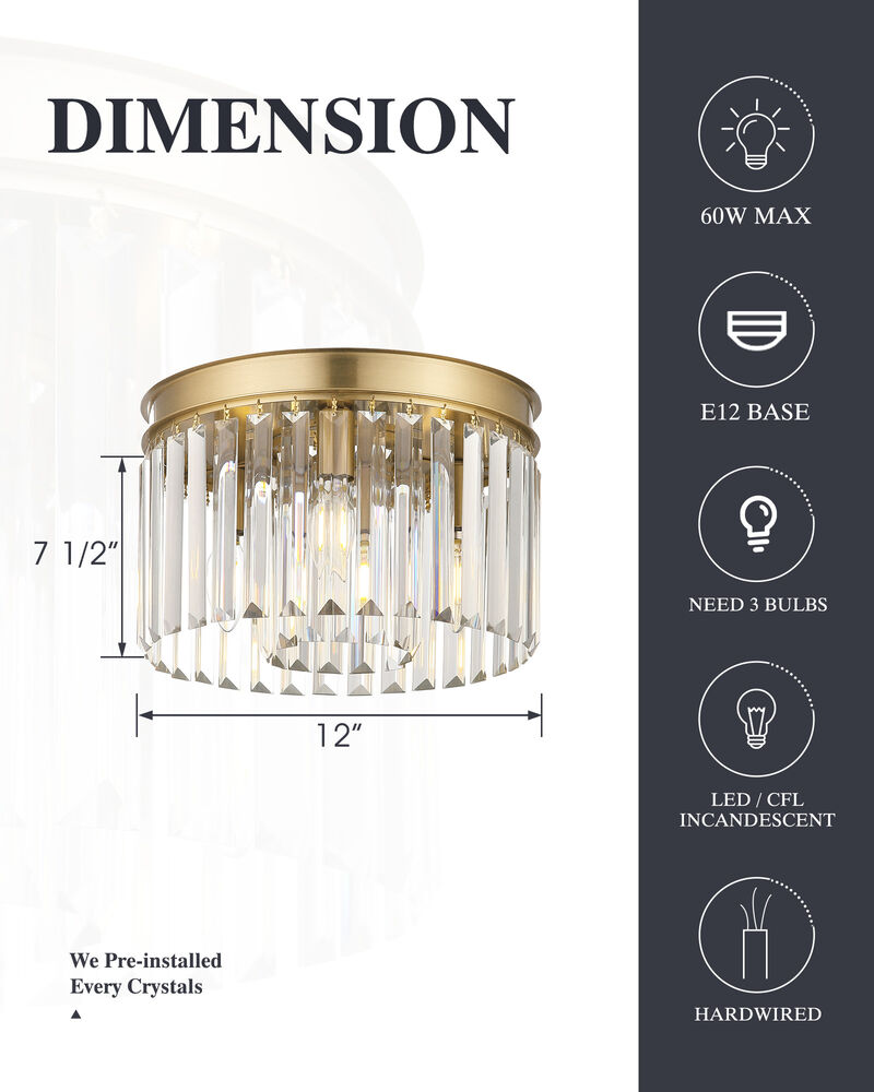 12 in. Modern Glam 3-Light Dimmable Crystal Flush Mount Ceiling Light image number 2