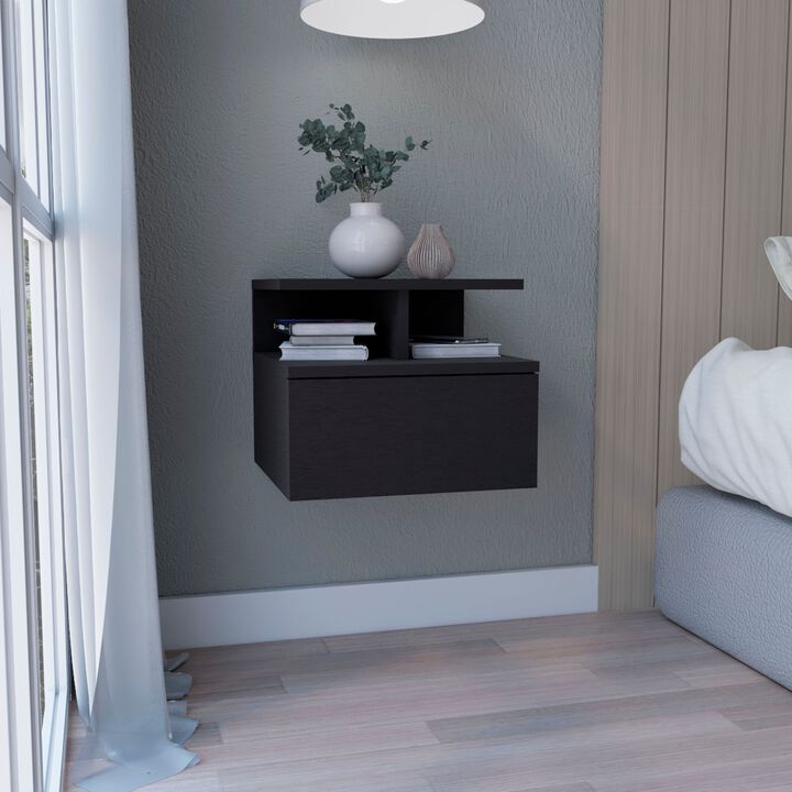 DEPOT E-SHOP Seward Floating Nightstand, Wall Mounted with Single Drawer and 2-Tier Shelf