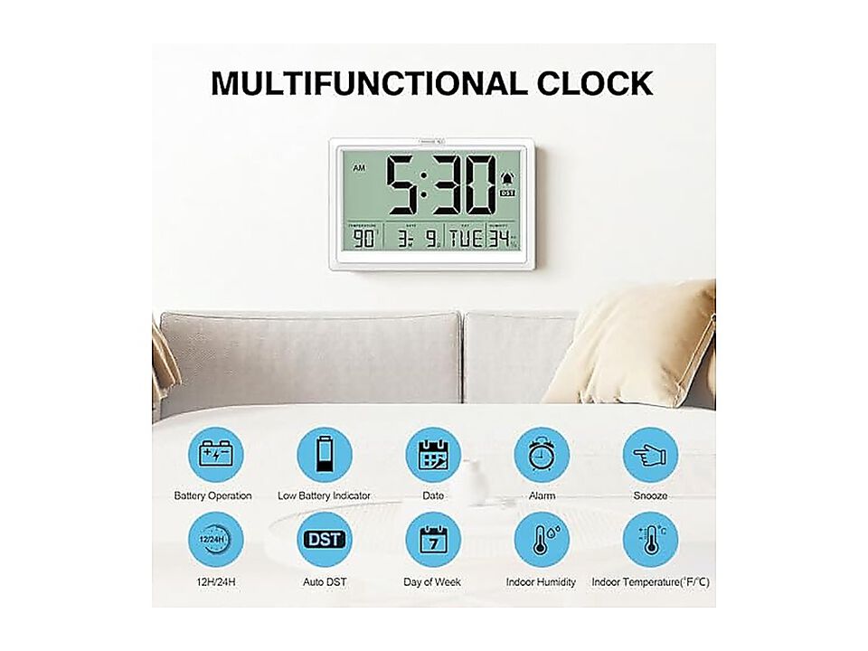 10 Inch Digital Wall Clock Battery Operated Large Calendar Indoor Temperature No