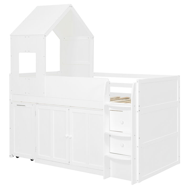 Merax Twin Size House-Style Loft Bed with Rolling Desk & Full Storage System