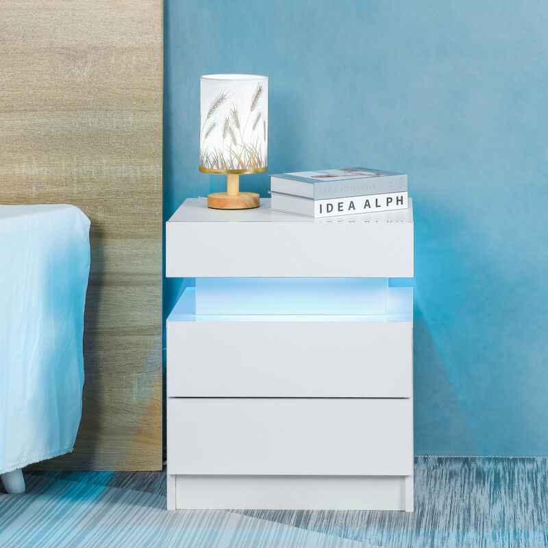 LED Nightstand Modern White Nightstand with Led Lights Wood Led Bedside Table Nightstand with 2 High Gloss Drawers for Bedroom