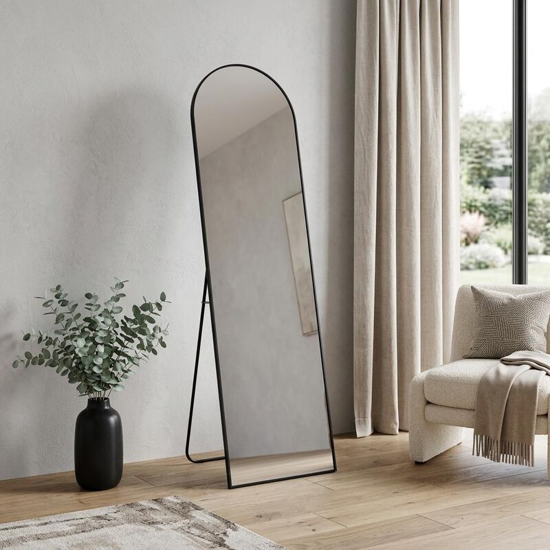 HomeRoots 56" Black Aluminum Arch Freestanding And Wall Mounted Framed Full Length Mirror image number 1