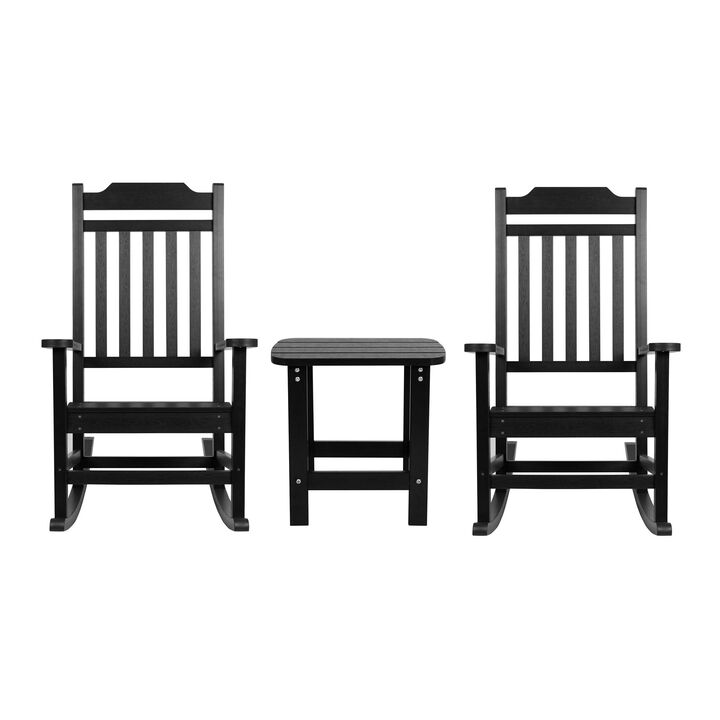 Flash Furniture Winston Set of 2 Rocking Chairs with Side Table - Black Poly Resin - Weather Resistant