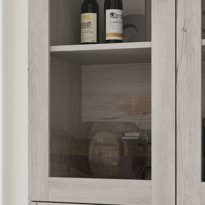 FUFU&GAGA Modern White Wood Grain Tall Boy Cabinet with Glass Doors and Drawers Storage Unit 31.5 in. L x 16.1 in. W x 79.9 in. H