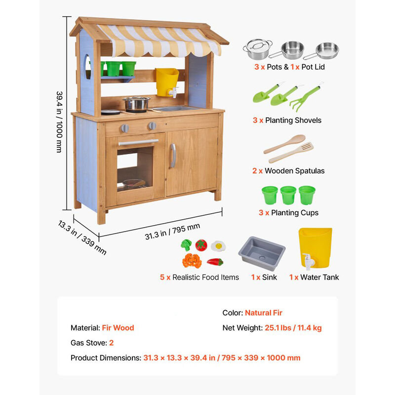 Wooden Outdoor Play Kitchen for Kids with Sink, Water Tank and Accessories-Natural image number 2