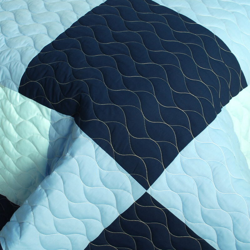 Azurite Plaid Quilt Set Queen Size with Patchwork and Quilted Stitching-Blue image number 2