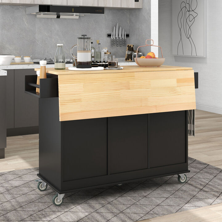 Rolling Mobile Kitchen Island with Solid Wood Top and Locking Wheels, 52.7 Inch Width, Storage Cabinet and Drop Leaf Breakfast Bar, Spice Rack, Towel Rack & Drawer (Black)
