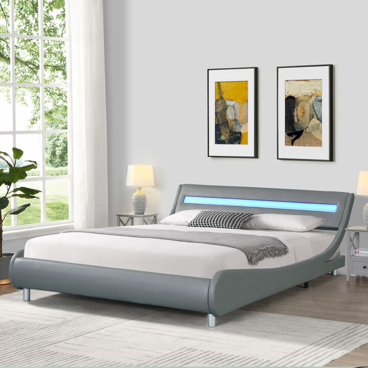 PU Leather Upholstered Platform Bed Frame with led lighting, Curve Design, Wood Slat Support, No Box Spring Needed, Easy Assemble, Queen Size, Gray