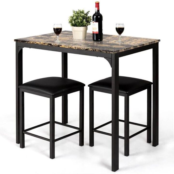 Hivvago Modern 3-Piece Dining Set Brown Faux Marble Table-Top and 2 Black Chairs Stools