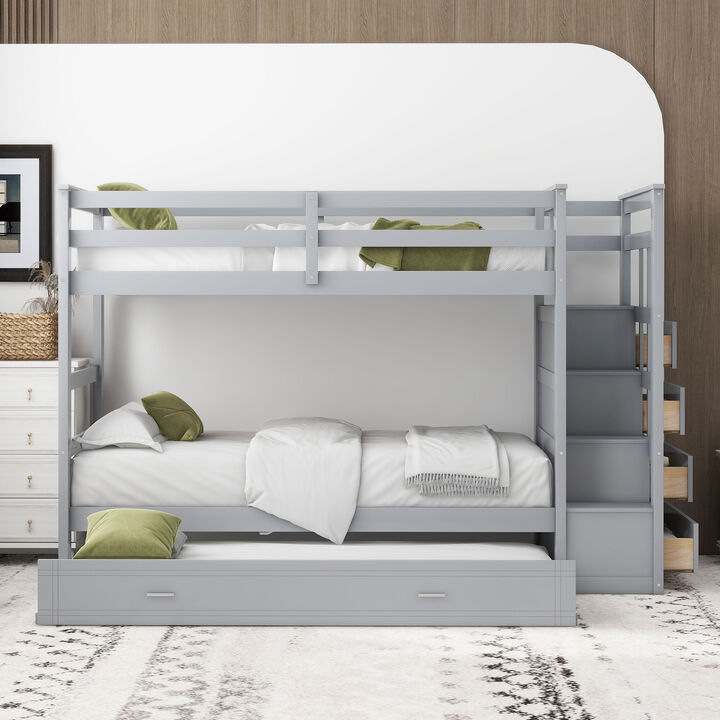 Merax Twin Over Twin Bunk Bed with Trundle and Staircase