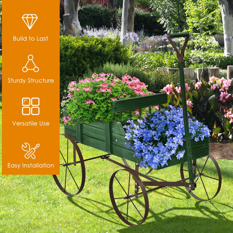 Wooden Wagon Plant Bed With Wheel for Garden Yard