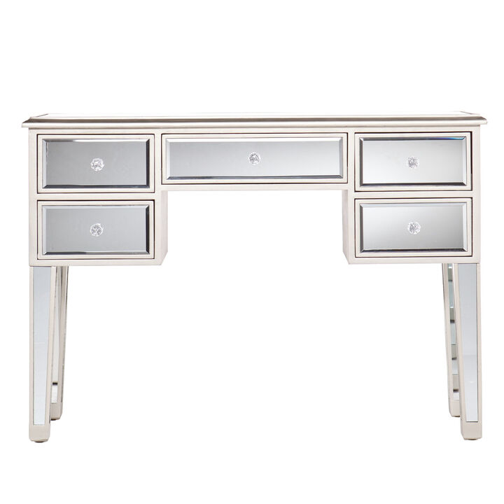 HomeRoots 43" Silver Mirrored Glass and Solid Wood Console Table With Five Drawers