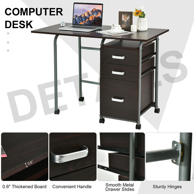 Costway Folding Computer Laptop Desk Wheeled Home Office Furniture w/3 Drawers Brown