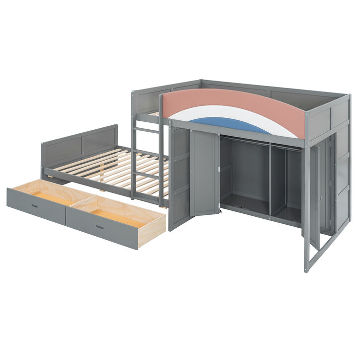 Merax Full Size Offset Bunk Bed with Wardrobe, Drawers & Upholstered Guardrail