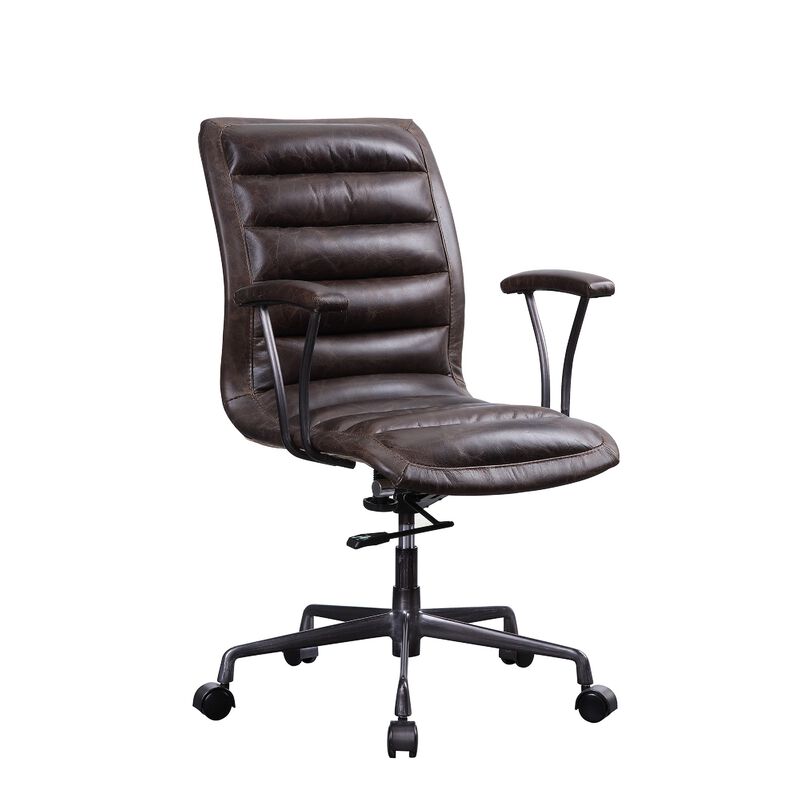 Tufted Leatherette Office Chair with Adjustable Metal Base and Padded Armrest, Brown and Gray image number 0