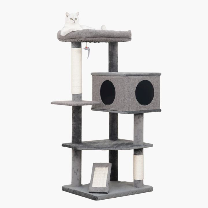Catry 4-Level 49" Linen & Plush Cat Tree with Natural Sisal Scratchers, Spacious Condo